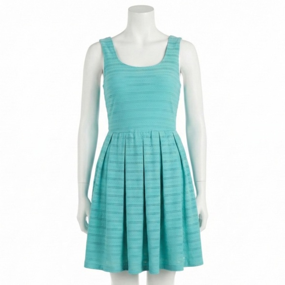 B Darlin Sleeveless‎ Pleated Skater Dress Textured Aqua Teal Fit Flare Junior